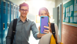 Handytasche Schule im Einsatz, während ein Schüler begeistert durch den Flur geht.