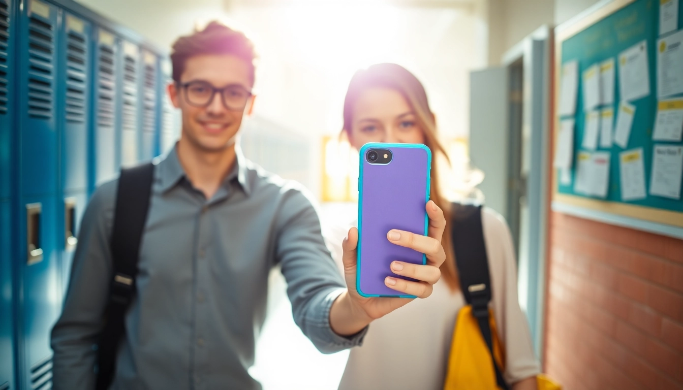 Handytasche Schule im Einsatz, während ein Schüler begeistert durch den Flur geht.