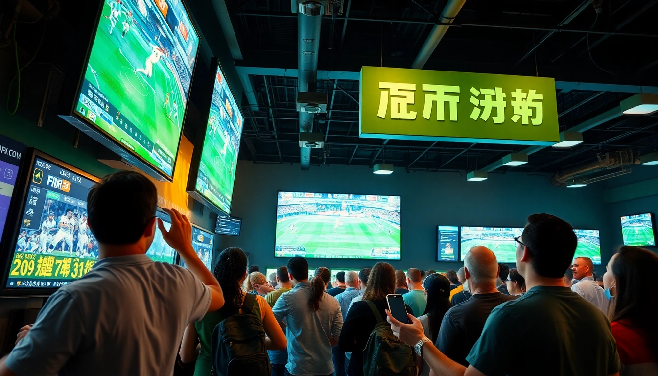 Excited fans experiencing 토토스토리 sports betting in a vibrant environment.