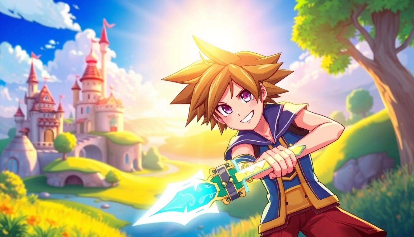 Sora wielding a keyblade in a vibrant fantasy world with floating islands.