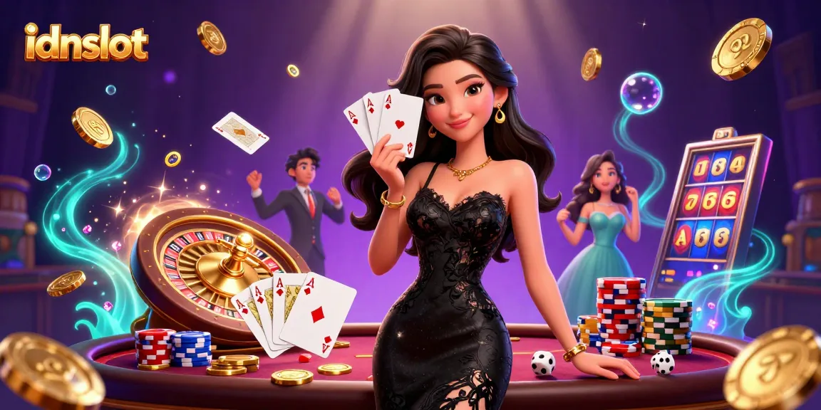Experience thrilling idnslot action with an elegant dealer amidst a vibrant casino atmosphere.