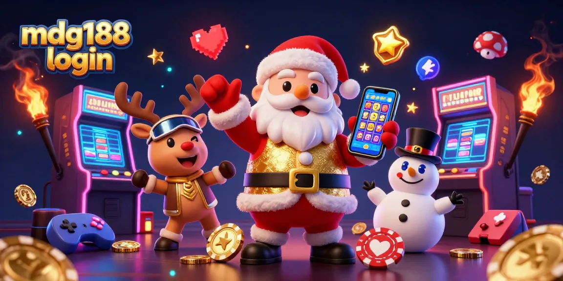 Engage in gaming excitement with mdg188 login, as Santa celebrates a jackpot win with his reindeer and snowman friends.