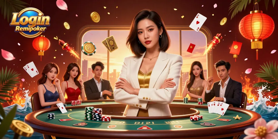 Engage in poker triumphs with Login Remipoker's glamorous setting featuring a businesswoman and dynamic casino elements.