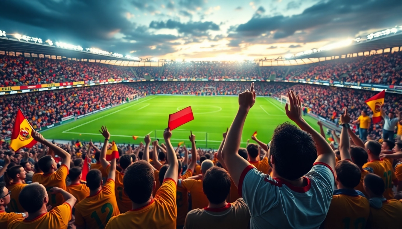 Exciting FIFA World Cup betting scene with passionate fans celebrating in a vibrant stadium.