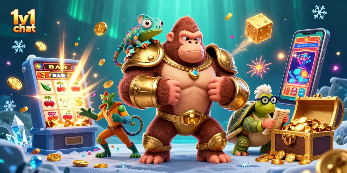 Engage in 1v1 chat through a vibrant scene of characters enjoying casino games, bursting with energy and action.