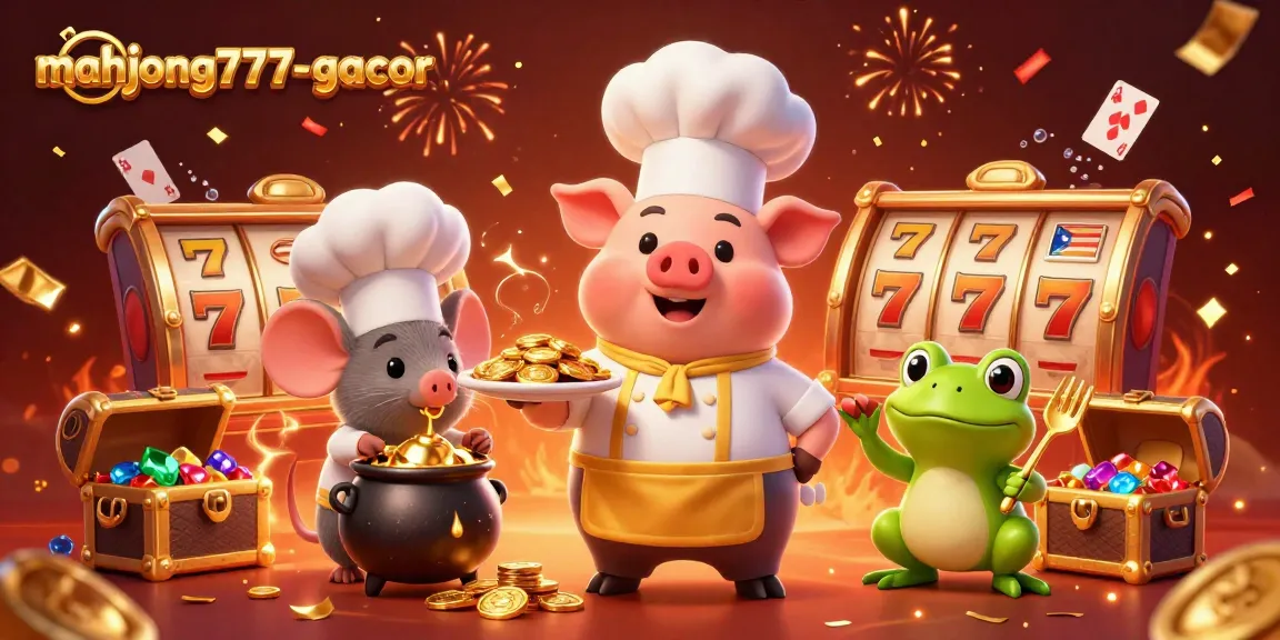 Experience the excitement of mahjong777-gacor with a pig chef serving golden coins, surrounded by vibrant game elements.