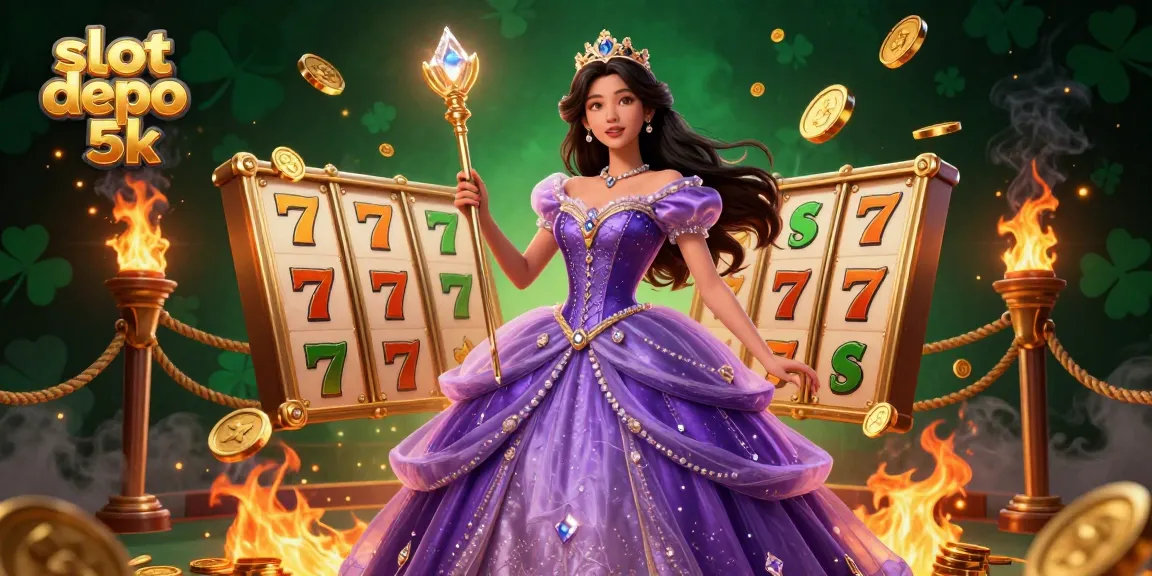 Spin to win with slot depo 5k in a vibrant casino illustration showcasing dynamic reels and golden elements.