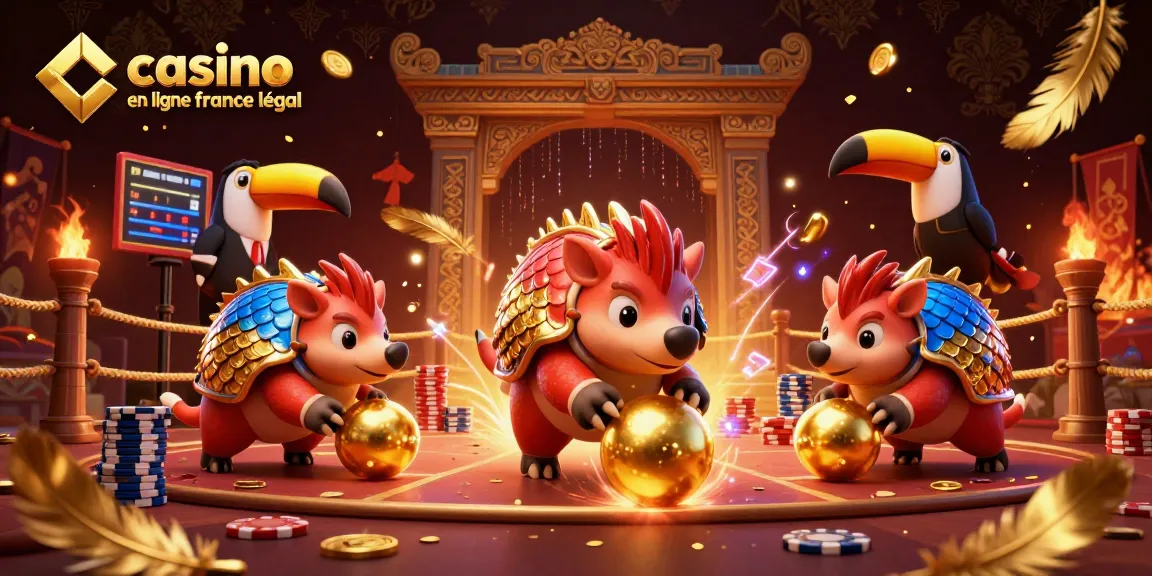 Casino en ligne France légal : pangolins en compétition au milieu de jetons et confettis dorés.