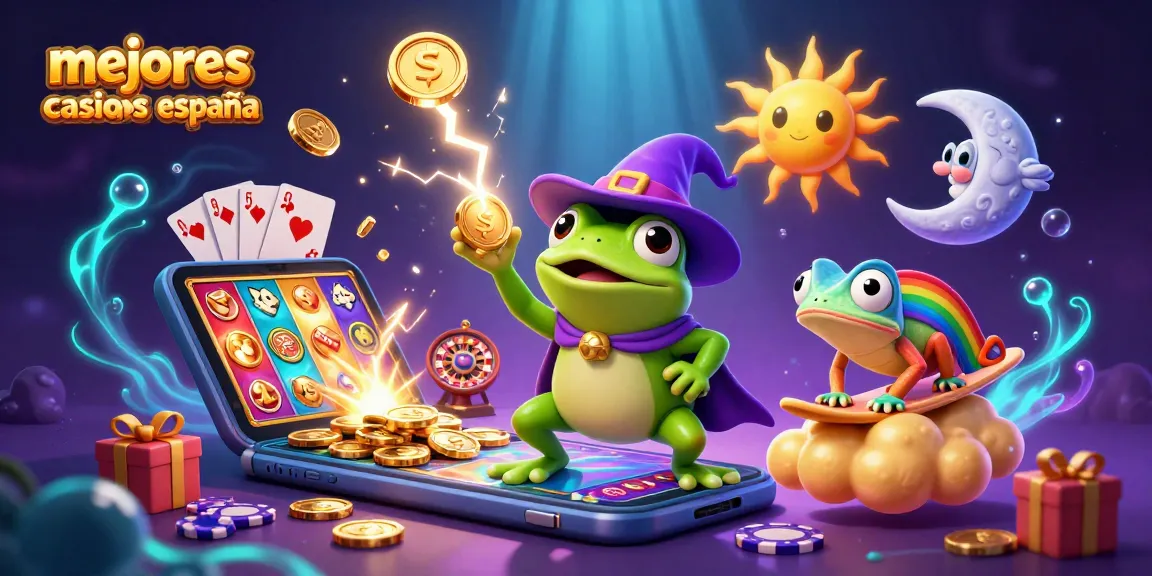 Gana en los mejores casinos España mirando a la rana mágica y el camaleón dorado jugando con monedas.