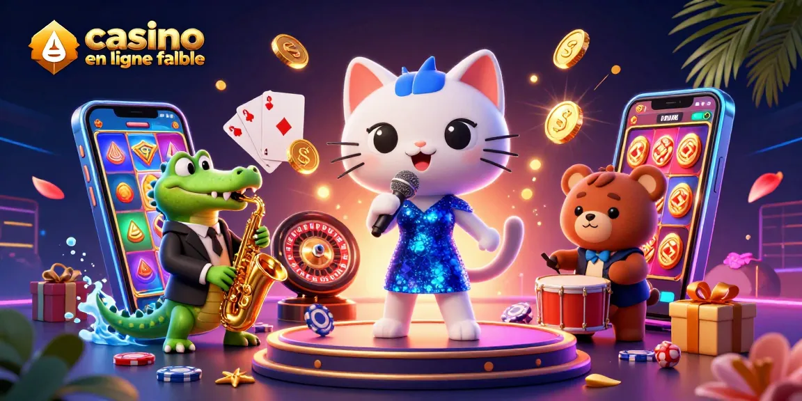 Visualisez un casino en ligne fiable avec une scène animée de personnages de jazz et des éléments de jeu.