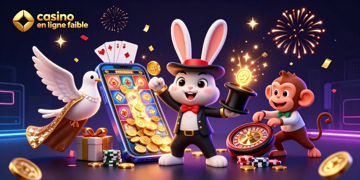 Jouer sur un casino en ligne fiable avec un lapin magicien et un singe chapardeur, ambiance festive.