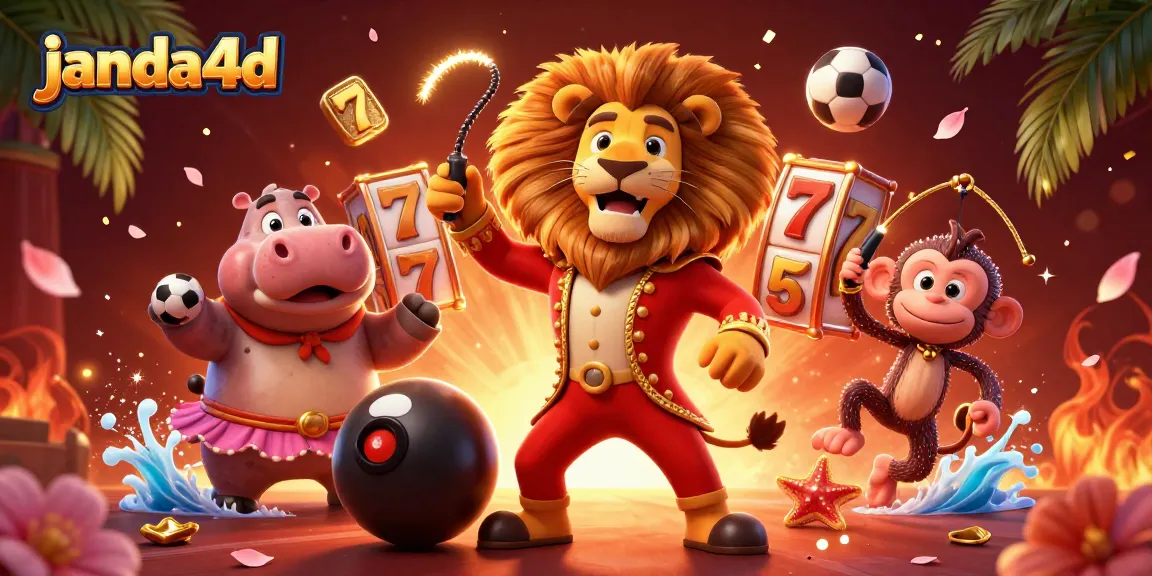 Gambarkan suasana kemenangan di janda4d dengan simbol permainan slot dan keceriaan karakter unik.