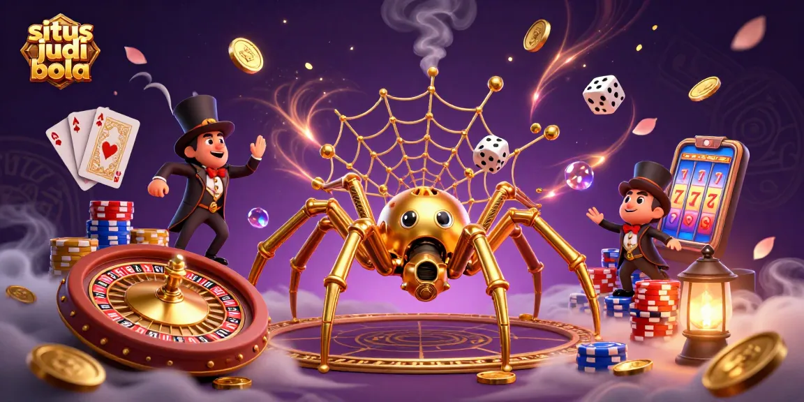 Catch the excitement in situs judi bola with a 3D scene featuring a golden spider amid shimmering casino elements.