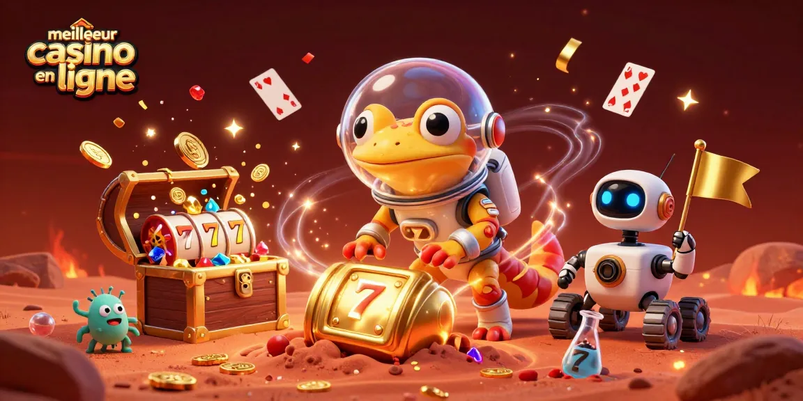 Découvrez le meilleur casino en ligne avec un gecko martien explorant un casino doré dans le sable rouge.