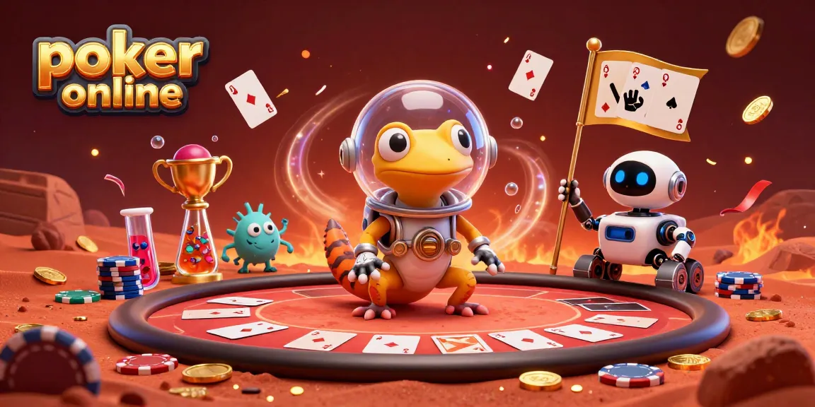 Jouer au poker en ligne avec le gecko martien et son robot dans un univers de gains colorés.