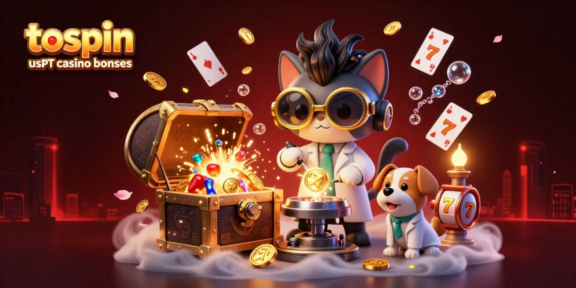 Vinci con i bonus dei casino usdt tospin, mentre una scena animata mostra un gatto scienziato e il suo cane assistente circondati da giochi da casinò.