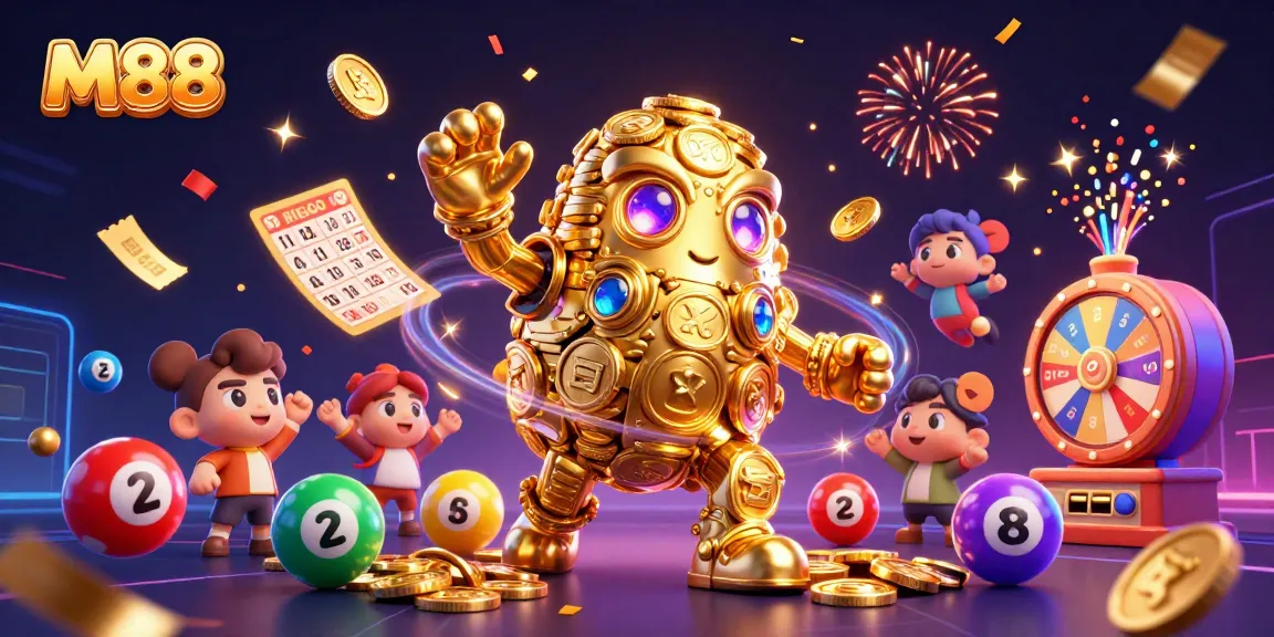 M88 captures the excitement of winning with a dynamic 3D illustration of casino games, lottery balls, and rich prizes.