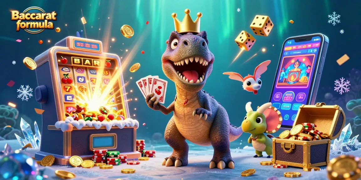 Engage with the Baccarat formula in a vibrant, animated casino scene featuring playful dinosaurs.
