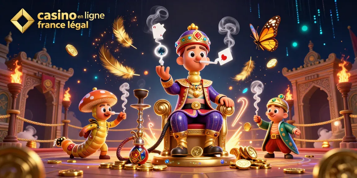 Illustration dynamique de casino en ligne légal en France avec un grand personnage et des éléments de jeu éparpillés.