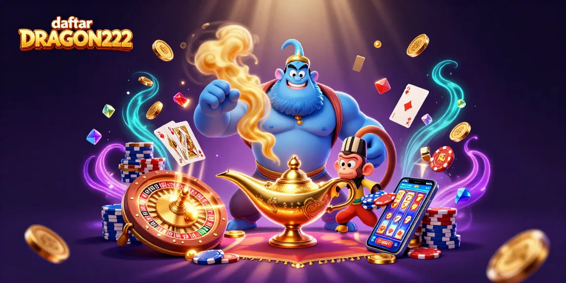 Experience the thrill of daftar DRAGON222 with vibrant casino elements in a magical 3D scene.