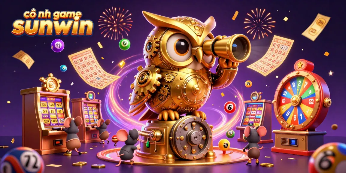 Experience the excitement of cổng game sunwin with a vibrant 3D casino scene featuring a golden owl and lively patrons.