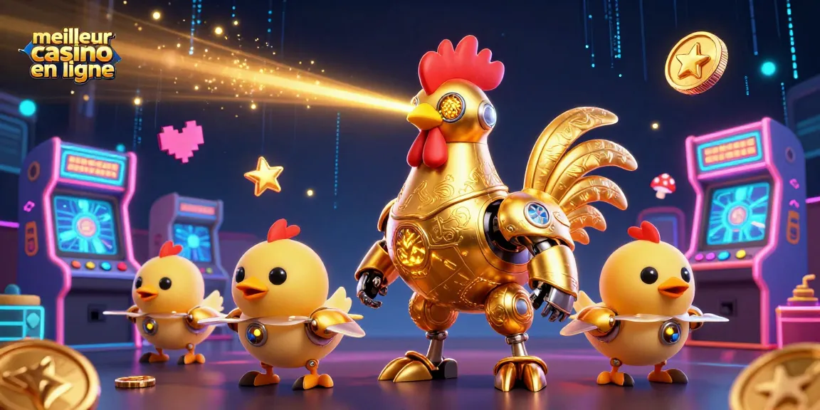 Expérimentez le meilleur casino en ligne avec un robot coq doré futuriste et des machines à sous colorées.