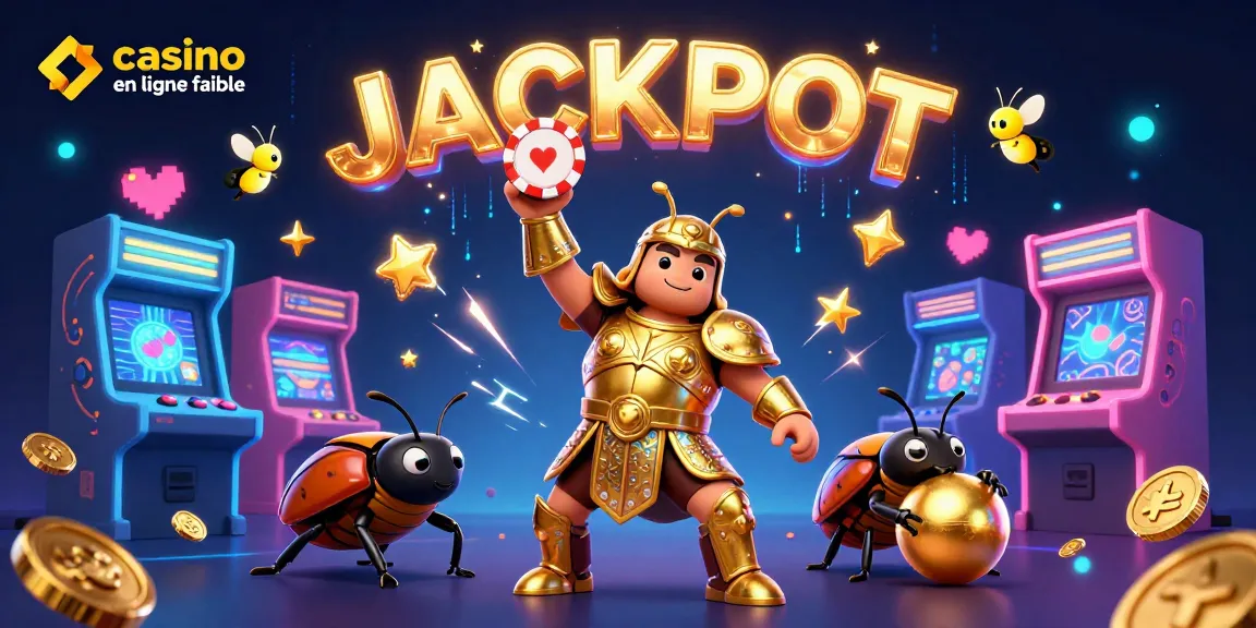 Illustration captivante d'un casino en ligne fiable avec un scarabée héroïque en armure soulevant un jeton de poker.