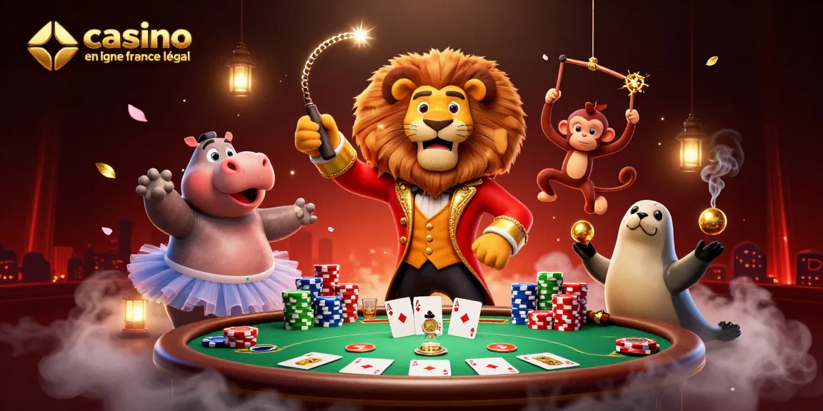 Illustration dynamique représentant "casino en ligne france légal", jeux de hasard avec un lion, un hippopotame, un singe et un phoque