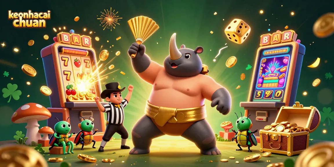 Join the action at keonhacai chuan as the beetle champion celebrates winning with flying coins and thrilling casino elements.