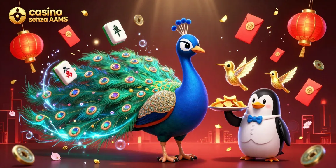Cattura l'azione nei casino senza AAMS con un pavone aristocratico e un pinguino maggiordomo in un'illustrazione vivace.
