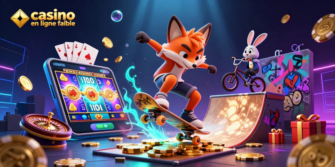 Jouez au casino en ligne fiable avec des personnages animés effectuant des acrobaties au milieu de symboles de jeux.
