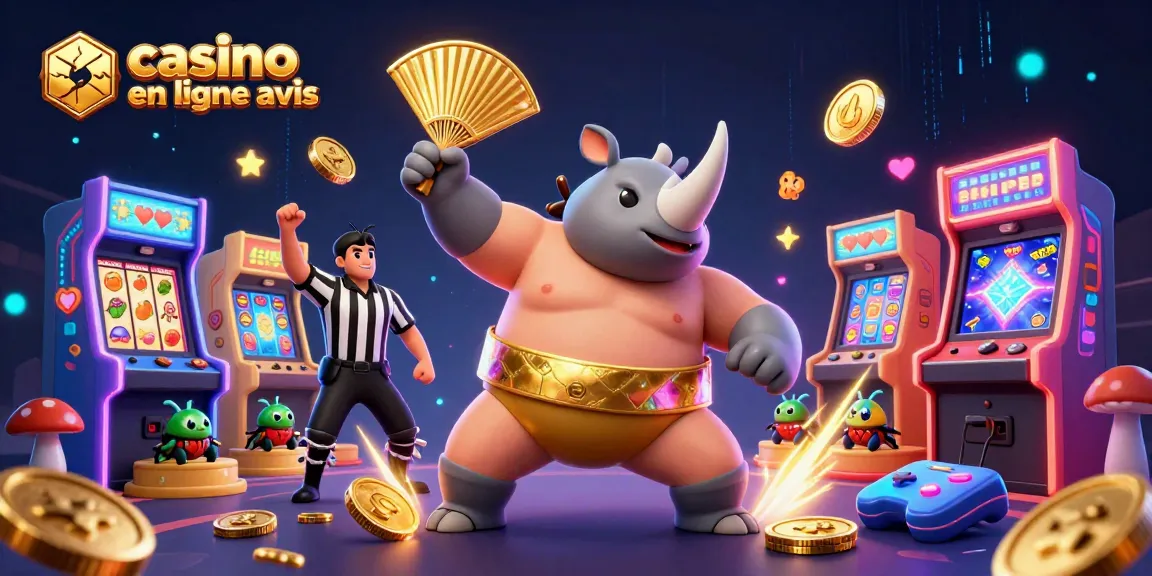 Les personnages de casino en ligne avis célèbrent avec un rhinocéros scarabée sumo au milieu de jetons d'or et de machines à sous colorées.