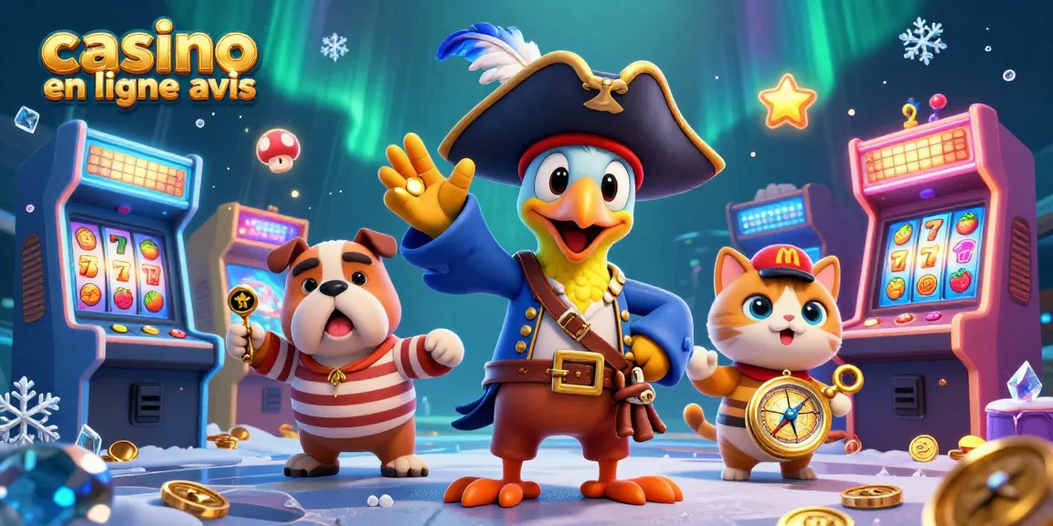 Illustration vibrante représentant un pirate et des jeux de casino, avis sur casino en ligne