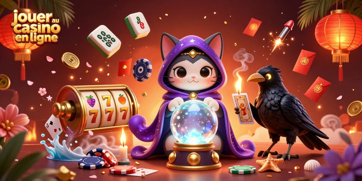 Jouer au casino en ligne avec un chat mystique et un corbeau des cartes en action.
