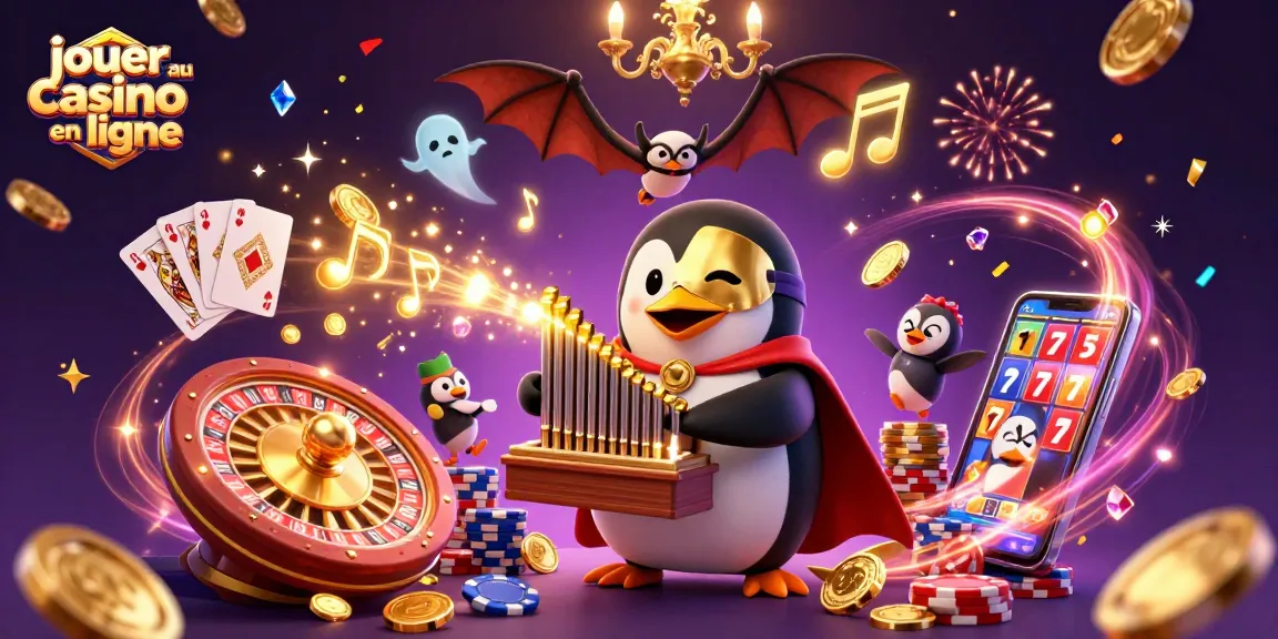 Jouer au casino en ligne avec un pingouin fantôme à l'orgue, pièces dorées et jeux de casino.