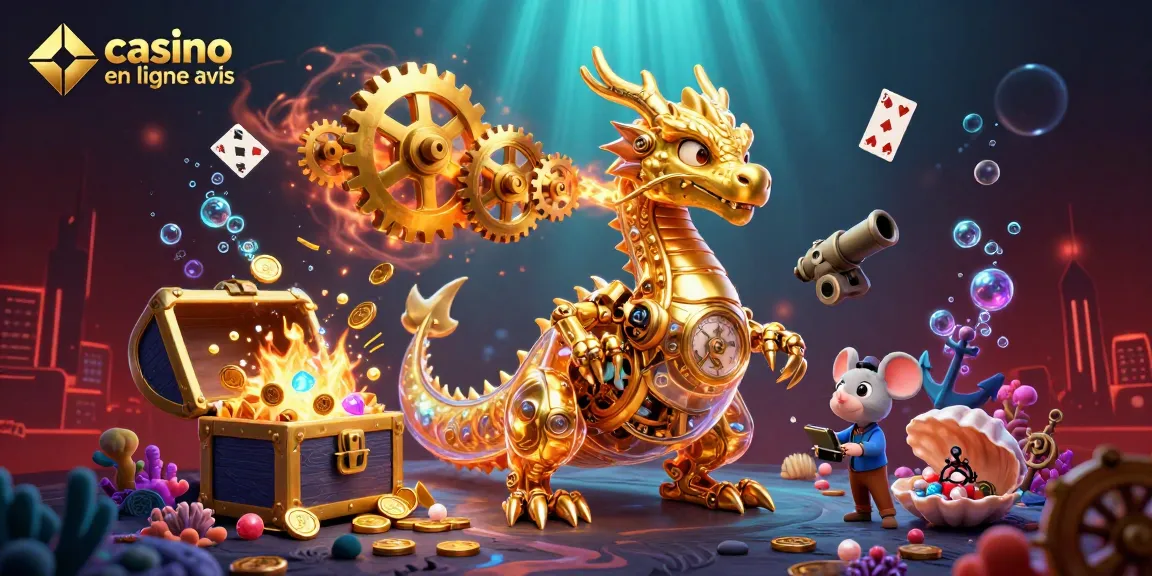 Casino en ligne avis : Illustration dynamique d'un dragon doré et éléments de jeu.
