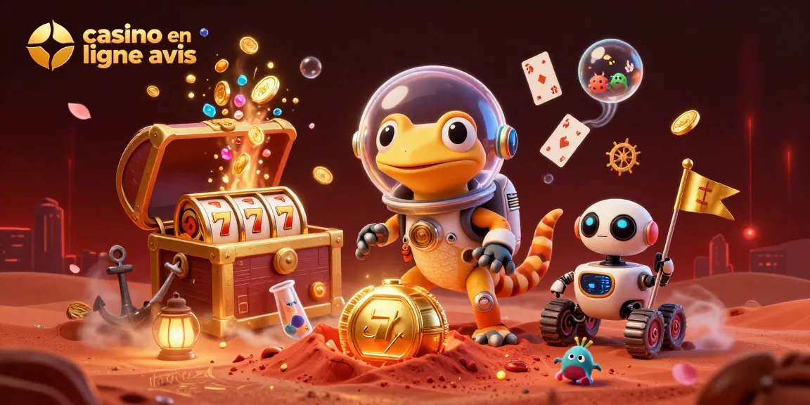 Casino en ligne avis – Martien et robot découvrant un casino caché dans le sable martien.