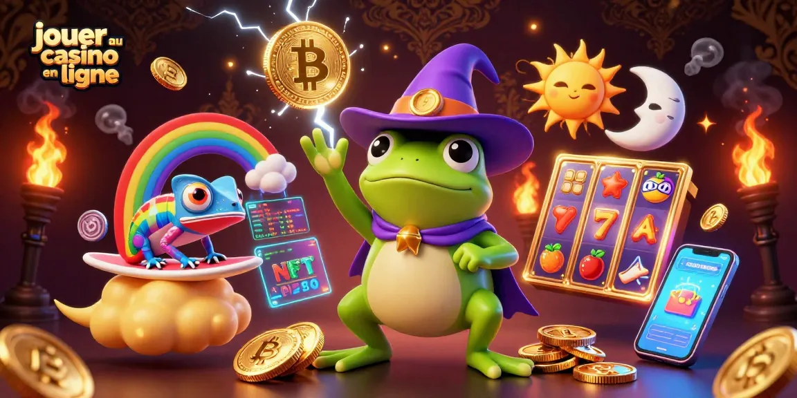 Jouer au casino en ligne avec une illustration 3D de personnages créant une tempête de pièces d'or, symboles de machines à sous et effets lumineux.