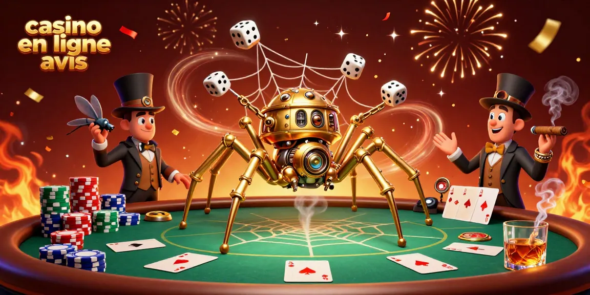Image captivante illustrant un examen de casino en ligne avis avec une araignée steampunk dorée sur un fond bruyant.