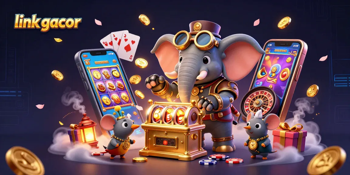 Spin the golden slot machine with link gacor while the steampunk elephant and companions create a lively casino atmosphere.