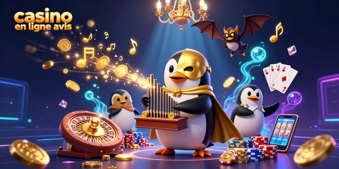 Évaluation de casino en ligne avis avec un pingouin fantôme jouant sur un orgue doré.