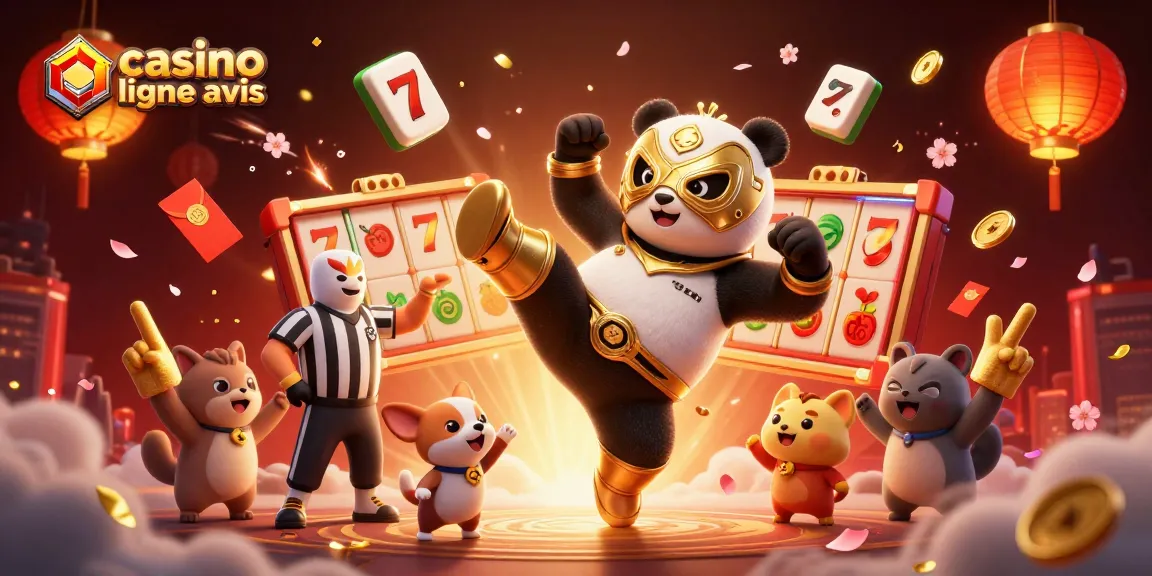 Illustration d'un panda lutteur en vol avec un chihuahua arbitre, représentant les meilleurs avis sur un casino en ligne.