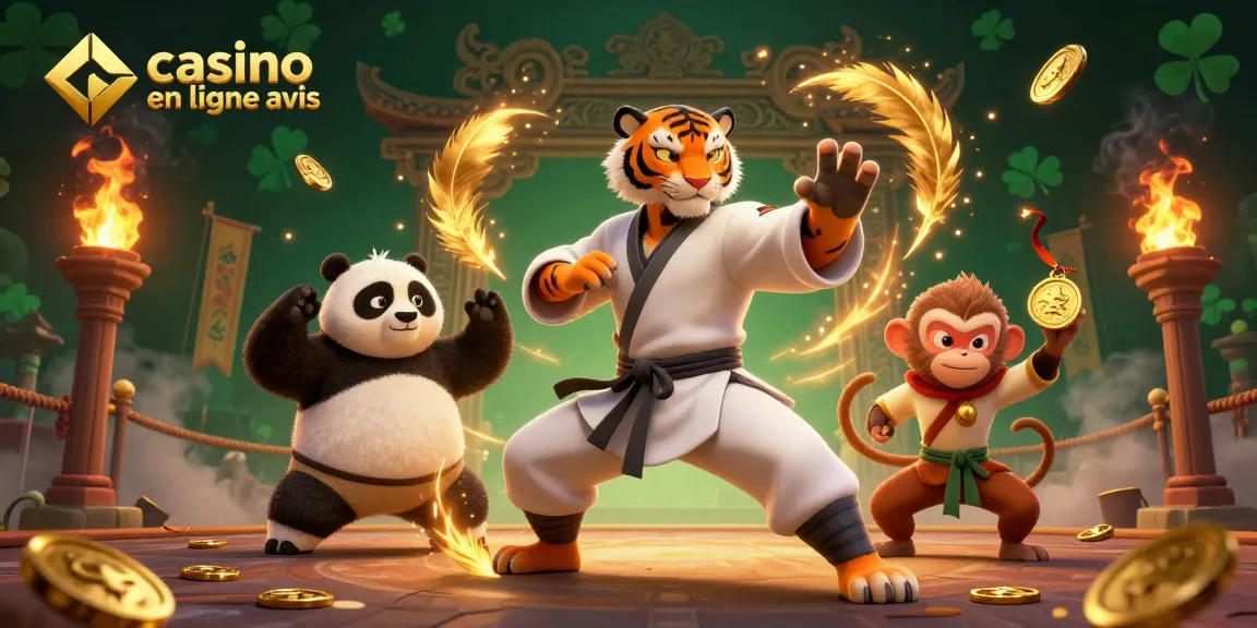 Illustration du maître en kung fu tigre en robes blanches, panda disciple et singe chapardeur, entourés de pièces d'or pour avis de casino en ligne