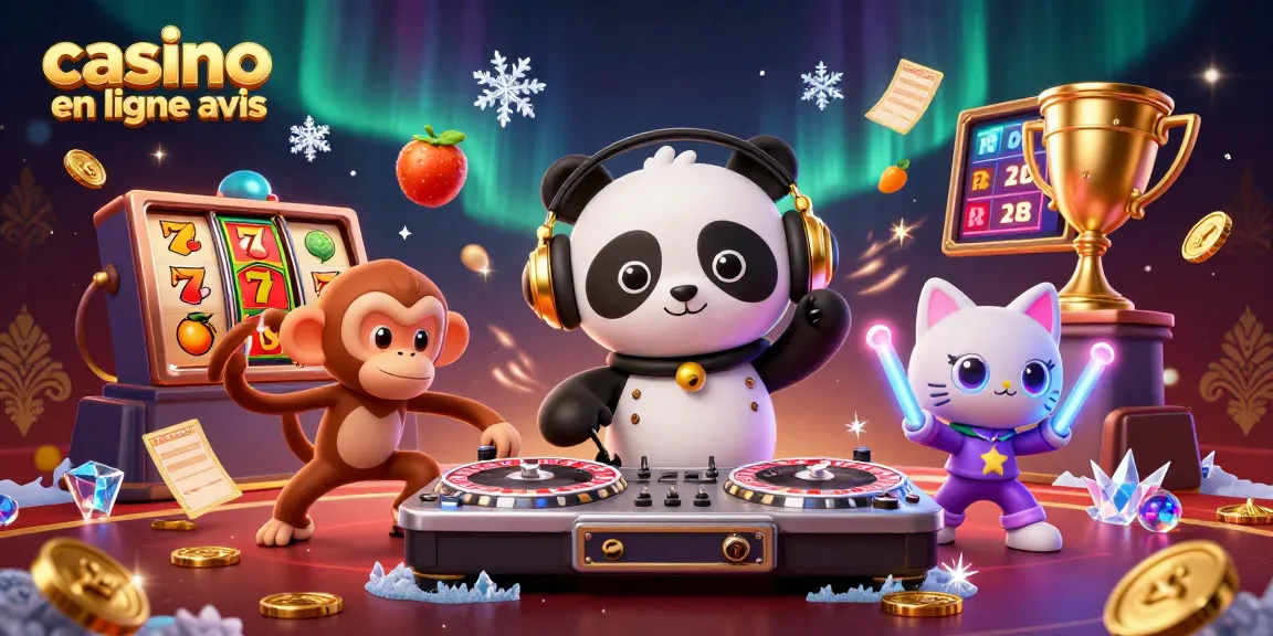 Découvrez des avis sur les casinos en ligne avec un panda DJ, un singe et un chat dans une scène vibrante.