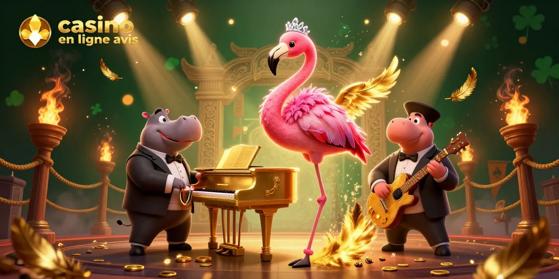 Illustration 3D captivante de casino en ligne avis avec un flamant rose chanteur et un hippopotame bassiste.