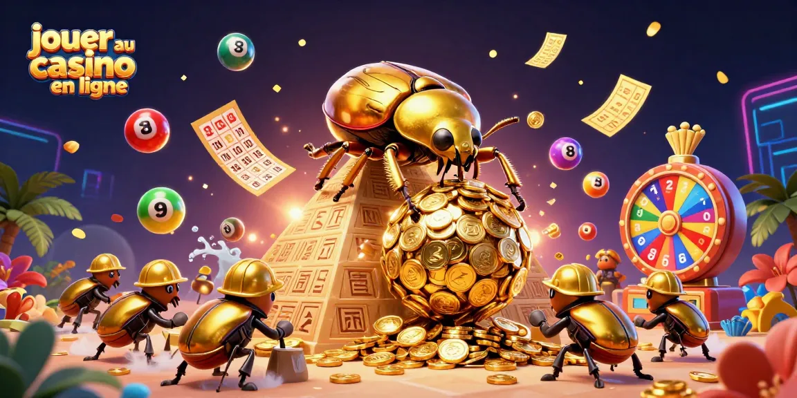 Jouer au casino en ligne avec un scarabée doré et des éléments de loterie colorés dans une scène dynamique.