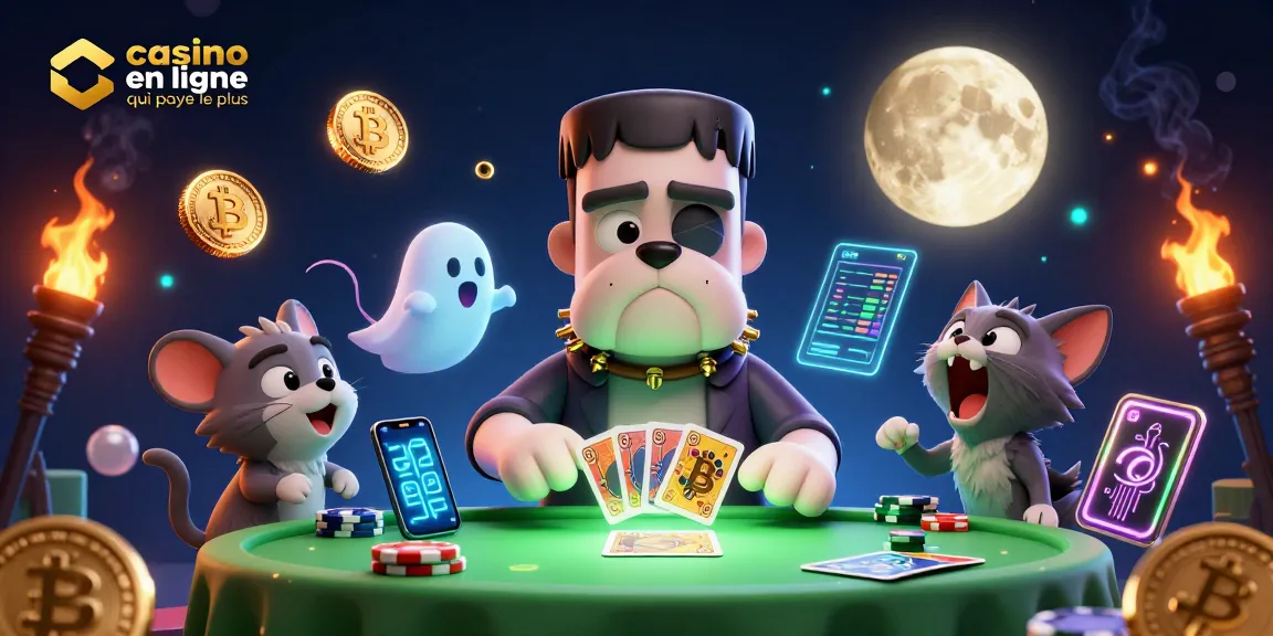 Illustration 3D d'un bulldog monstre jouant aux cartes dans un casino en ligne qui paye le plus, avec un chat-loup-garou.