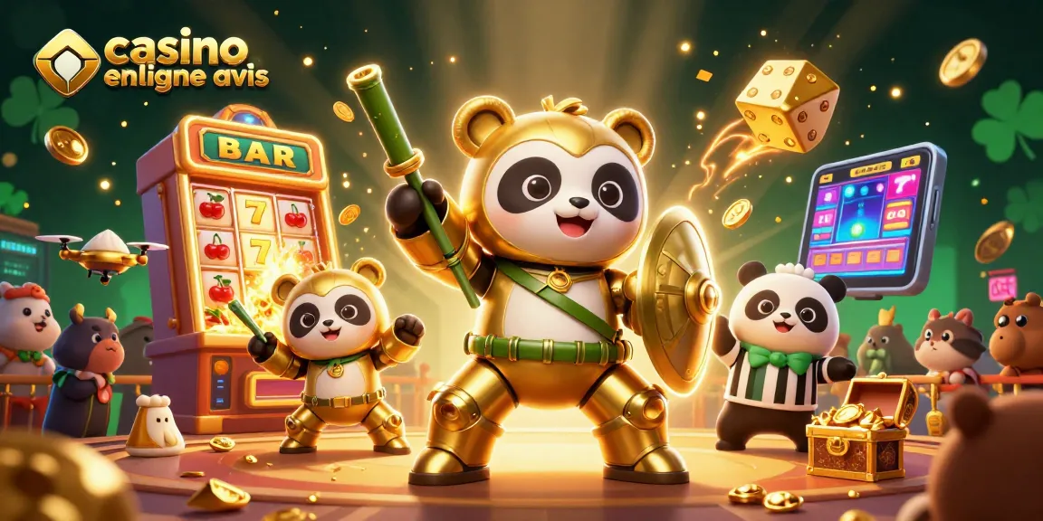 Casino en ligne avis : illustration 3D de panda doré dans un robot de combat avec machines à sous et lots de jetons.