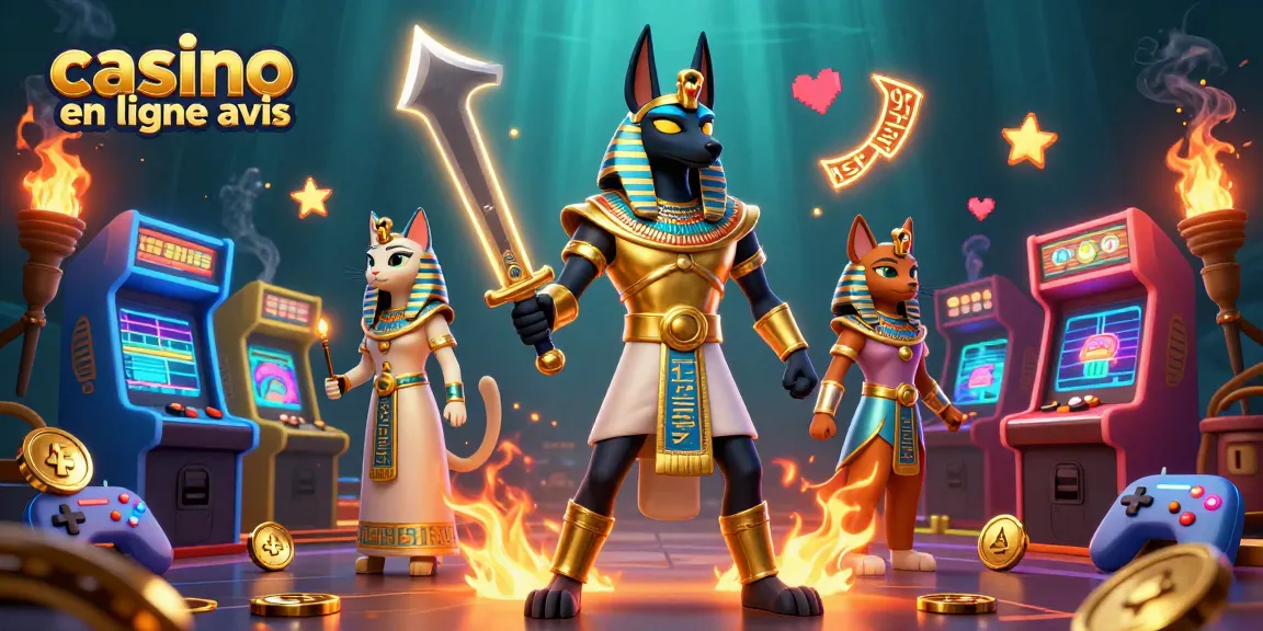 Évaluez les critiques de jeux de casino en ligne avec cette illustration captivante d'Anubis et Bastet.