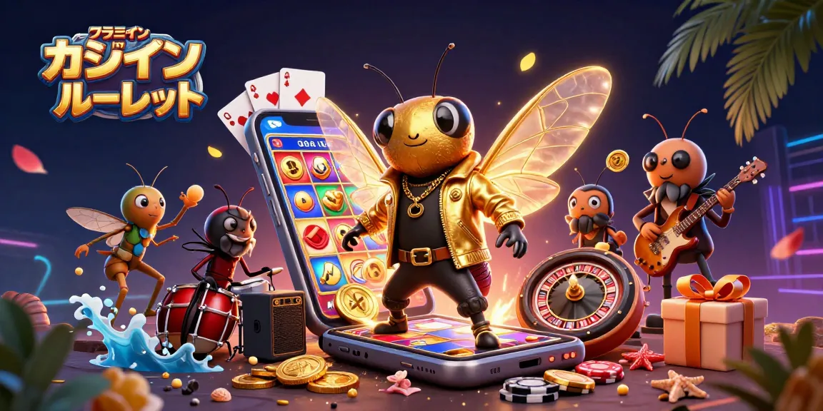 オンライン カジノ ルーレットを楽しむためのアートコンセプト、カラフルなスロットゲームとルーレットを描いたシーン。